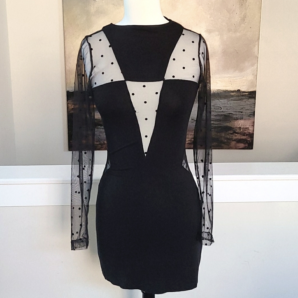 ASOS black cut out with mesh polka dot dress